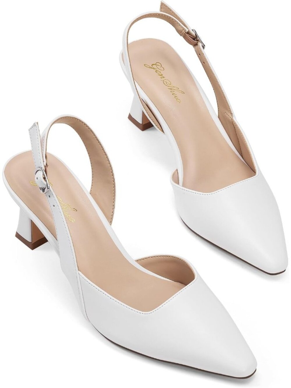 Womens All White Slingback Pump Pointed Closed Toe Elegant Low Kitten Heel Shoes
